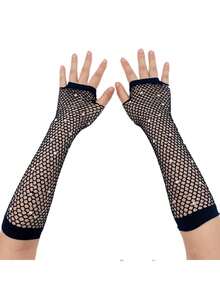 2pcs 1980s Neon Street Party Punk Rhinestone Fishnet Fingerless Gloves, Suitable For Halloween Party, Mother's Day Gift, Ball Dance Hollow Gloves, Party Fishnet Elastic Mesh Gloves, Fashion Neon Fishnet Long Fingerless Gloves - Multicolor - View 3
