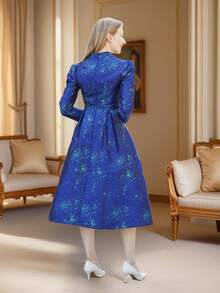 DEVCHATA High-Quality Women's Elegant Long Jacquard Formal Dress, Asymmetric Puff Sleeves, Woven Fabric Evening Gown, Random Pattern Placement - Royal Blue - View 3