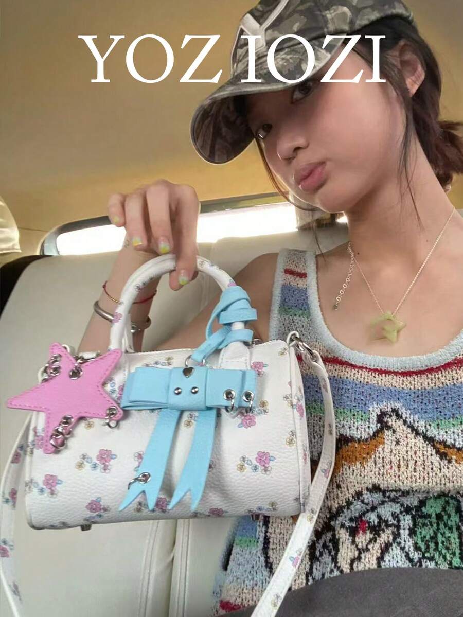 韩版复古纹理保龄球包，百搭时尚女式手提包，适合工作、通勤、外出、日常购物，肩枕包 - 彩色 - 查看 1