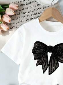 Baby Girl Bow Print Short Sleeve Top And Shorts Set - White - View 4