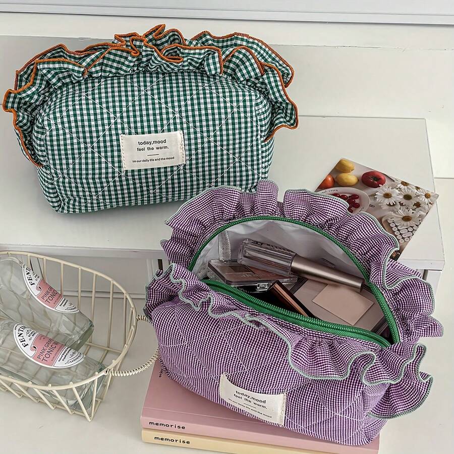 Lace Checkered Makeup Bag, Ins-Style Minimalist Niche Design For Girls, High-Value Appearance, Portable Large-Capacity Cosmetic Pouch For Outings, Home, Travel, And Universal Use - Túi đựng mỹ phẩm ren quả mọng đỏ - Xem 1