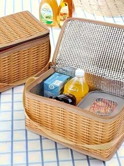 2 piezas/Set Cesta de almuerzo aislada + Esterilla de picnic, Cesta térmica portátil y resistente al agua con manta de picnic plegable, Suministros de picnic para exteriores para playa, parque, camping, Bolsa enfriadora de almuerzo con estilo lindo, Cesta de picnic