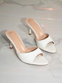 宽楦女式时尚户外派对情人节优雅露趾尖头白色套脚高跟凉鞋 - 白色 - 查看 2