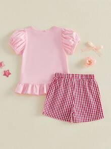 Summer Set For Young Girls: Top With Ruffles At The Hem, Bow And Lettering Embroidery, And Elastic Checkered Shorts 2-Piece Set. - Rosa - Ver 7