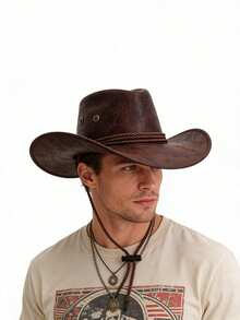 1顶复古美式西部牛仔帽，男士宽檐防晒PU皮帽，户外防风带多功能骑行帽 - 彩色 - 查看 10