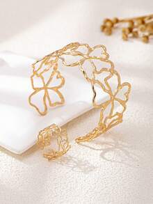 2 piezas Conjunto de joyería retro francés con flores huecas | Accesorios de moda para mujer - Dorado - Ver 5