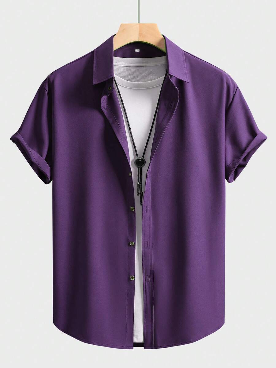 Men's Solid Color Business Casual Short Sleeve Shirt - Purple - View 1