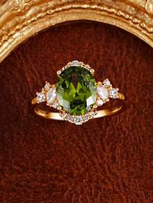 1 chiếc nhẫn đá Cubic Zirconia màu xanh ô liu lấp lánh, thanh lịch, thích hợp cho nữ đeo hàng ngày, lễ đính hôn, đám cưới, hoặc làm quà tặng thời trang dịp lễ. - Vàng - Xem 5