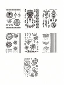 7 Sheets Lady Body Art Temporary Tattoo Sticker, Black Henna Tattoo Sticker, Flower And Butterfly Pattern, Waterproof Fake Tattoo, Lasts 2-5 Days, Can Be Used On Fingers, Arms, Neck, Shoulders, Waist, Legs And Back, Suitable For Festivals, Parties, Music Festivals And Gifts, Quickly Achieve Body Art. - Black - View 10