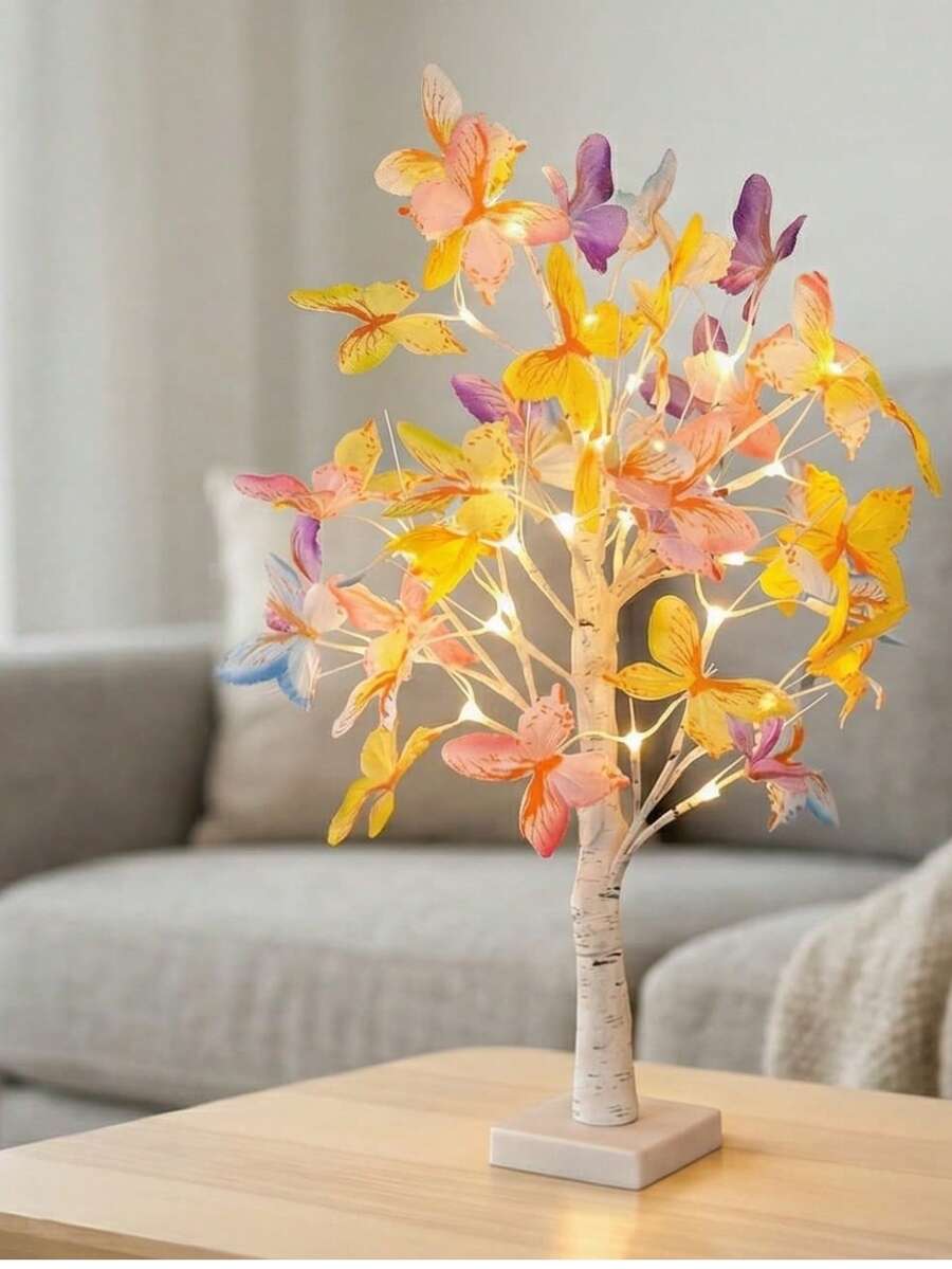 1 pieza Nueva lámpara de árbol de hadas mejorada (uso dual de batería y USB), lámpara de árbol de mariposa, luz de ambiente para dormitorio y sala de estar, lámpara de deseo de niña, luz de ambiente para el festival de la cosecha - Blanco - Ver 1