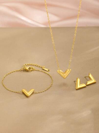 Conjunto de 2/3/4 piezas de collar con colgante decorativo en forma de V, aretes y pulsera de acero inoxidable dorado, elegante y encantador, accesorios de joyería de estilo festivo para fiestas y celebraciones