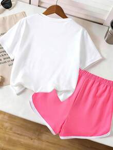 2PCS Girls' Cute Casual Loose Heart And Face Graffiti Print White T-Shirt Magenta Color-Block Shorts Set, Suitable For Summer, Perfect For Family Outings, Outdoor Activities, Set For Children - Hot Pink - View 2