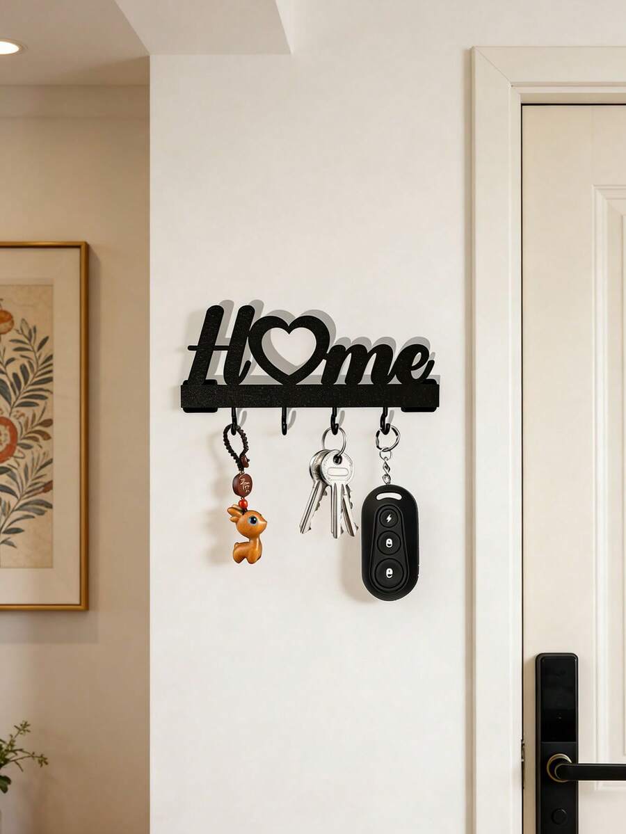 1pc Home Love Shape Key Chain Wall Mounted Entrance Organizer Rack With Hooks, No Drilling Required, Exquisite Design, Suitable For Living Room Home Decoration - Multicolor - View 1