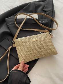 Women's Fashion Minimalist Woven Square Handbag, Shoulder Bag, Phone Pouch - Khaki - View 9