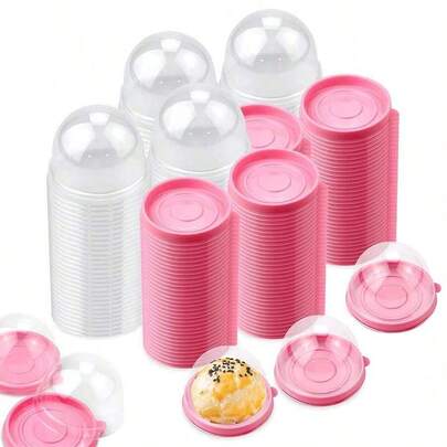 100/50/20/5pcs Transparent Plastic Mini Cake Boxes With Lids, Round Paper Cupcake Trays For Christmas, Plastic Cream Puff Containers, Moon Cake Dome Boxes, Baking Packaging Boxes, Kitchen Baking Tools, Small Business/School Supplies, Suitable For Candy, Chocolate, Christmas, Party