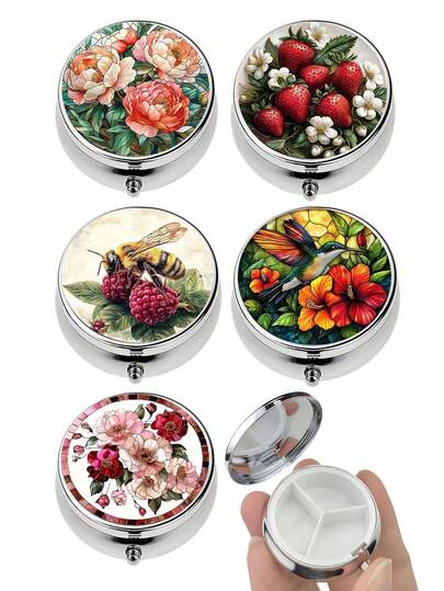 1pc Elegant Peony, Rose, Strawberry, Bee Design Metal Travel Pill Box - 3 Compartments, Portable Daily Medicine Storage Box With Safety Clasp, Suitable For Health-Conscious People, Decorative Pill Box With Safety Clasp