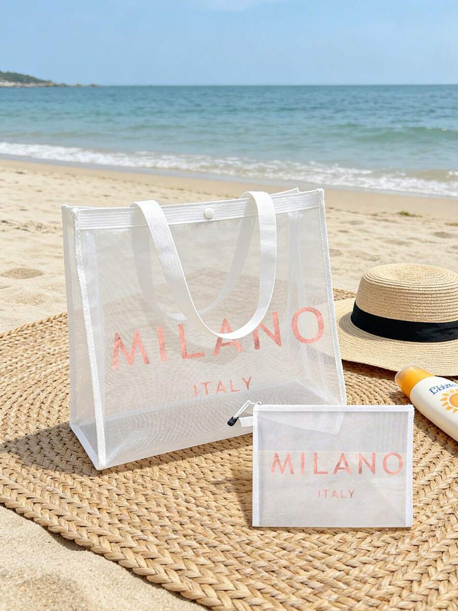 2件組「MILANO ITALY」印花網眼托特包套裝，大容量白色網眼沙灘包附配套化妝包，透氣透明肩背包，適合海灘與旅行，夏季度假、購物及日常使用之理想選擇，適用於女性、青少年與時尚愛好者，春假、海灘旅行與送禮之完美之選，可作為沙灘托特包、購物袋及化妝收納袋等多功能使用 - 彩色 - 查看 1