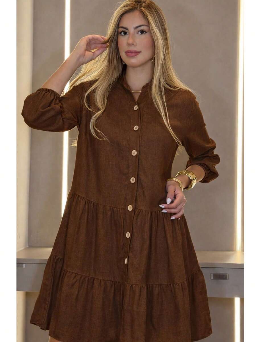 Plain Linen Shirt Dress, Loose-Fitting Tunic, Three-Tiered Style, Blogger Fashion, Long Sleeves, Beachwear. - 鏽棕色 - 查看 1