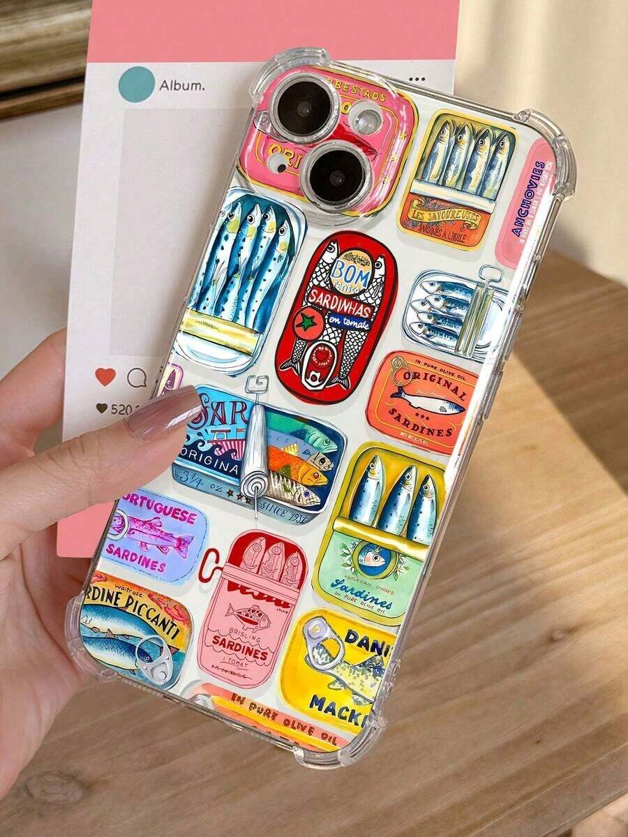 1pc Retro Colorful Sardine Can Graphic Phone Case, Shockproof Transparent Protective Cover Compatible With Samsung/Apple Waterproof Anti-Fall Scratch Resistant - 1 cái - Xem 1