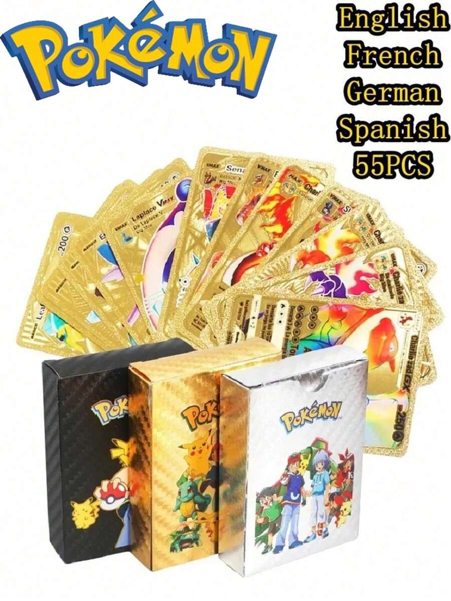 pokemon 55张动漫人物卡片，VSTAR GX EX VMAX 黑/银/金箔卡片，英文/法文/德文/西班牙文动漫游戏卡片，创意桌面游戏卡牌，适合收藏