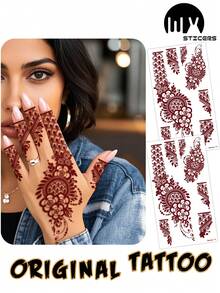 2 件全手花卉指甲花曼陀罗蕾丝图案性感身体艺术临时防水纹身贴纸，女性脚/手指纹身贴纸，适合手、臂、背部、节日、派对、日常穿着 - 紅色 - 查看 8