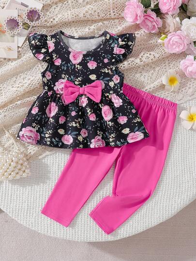 女婴可爱休闲圆领喇叭袖蝴蝶结花卉图案T恤和松紧腰裤两件套，时尚百搭，适合春夏季日常、聚会、外出等场合。