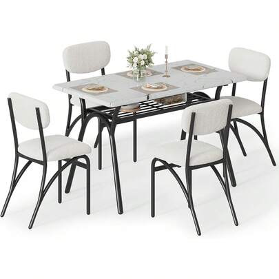 Conjunto de mesa de comedor de 5 piezas para 4 personas, mesa de cocina rectangular moderna con sillas de bucle para 4, mesa de comedor con estante de almacenamiento para espacio pequeño