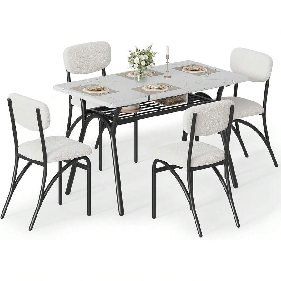 Conjunto de mesa de comedor de 5 piezas para 4 personas, mesa de cocina rectangular moderna con sillas de bucle para 4, mesa de comedor con estante de almacenamiento para espacio pequeño - blanco roto y mármol - Ver 1