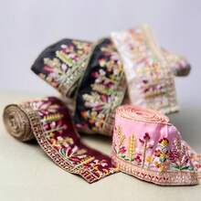1 Pack 1.5 Yard High-End Doll Sleeve Cuff Pillow Slipper Accessory, 6.5CM Multicolor Embroidered Lace Trim, DIY Sequin Embroidered Decorative Ribbon - Dark Red - View 3