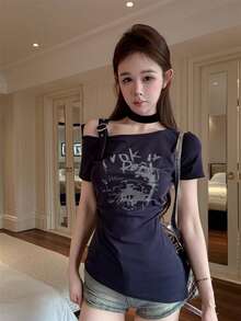 性感褶皱腰身修身不对称肩短袖T恤 - 寶藍色 - 查看 1