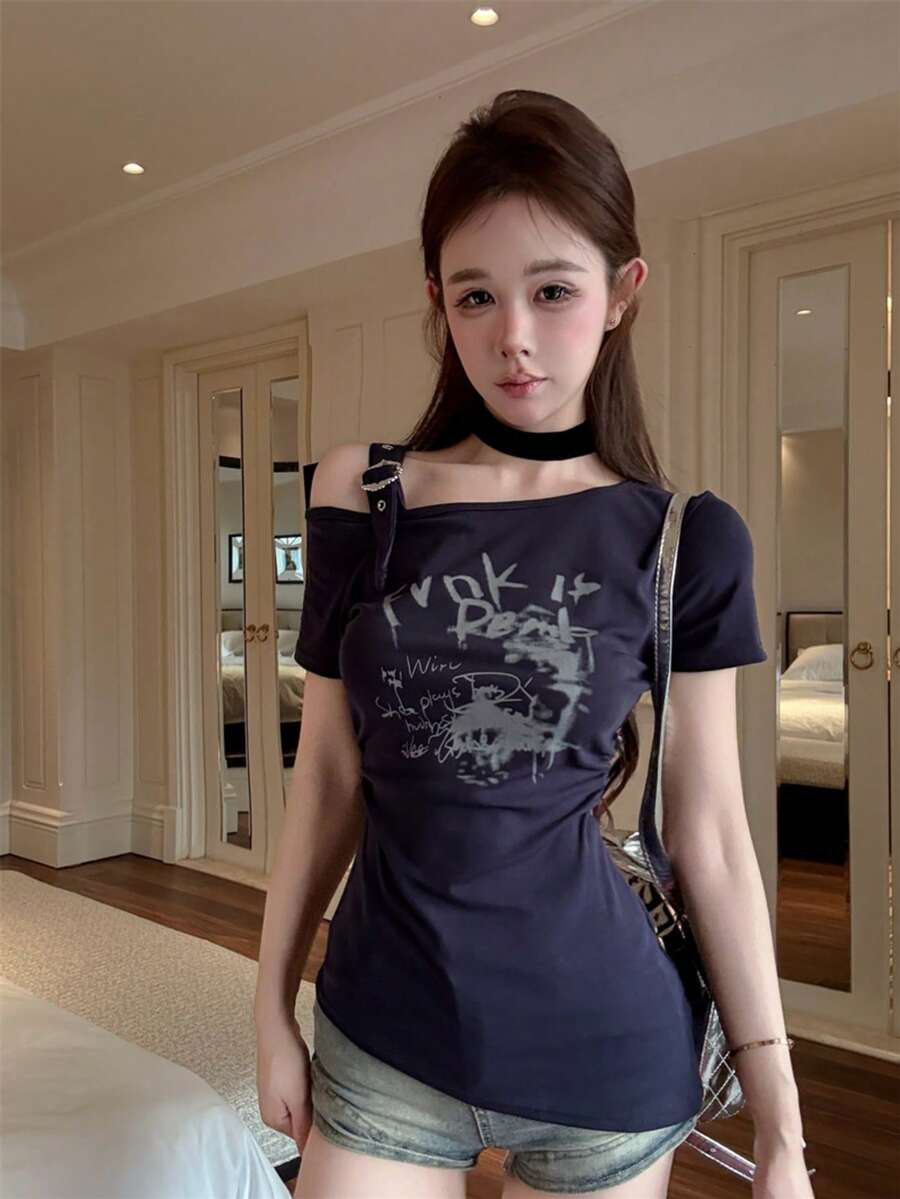 性感褶皱腰身修身不对称肩短袖T恤 - 寶藍色 - 查看 1