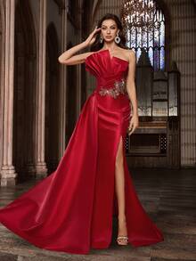 Elegant Chiffon Bridesmaid Dress Appliques Wedding Guest Dress For Birthday Party, Themed Wedding, Valentine's Day,Banquet Solid Color Women Backless Slit Gown Sleeveless Long Formal Dress Spring - Red - View 4