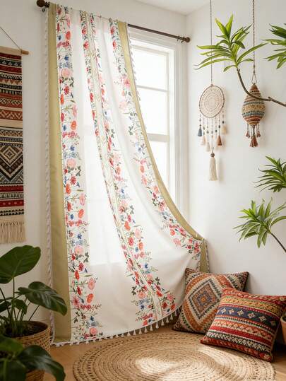 1 tấm rèm in họa tiết hoa nhiều màu sắc phong cách Bohemian, kiểu nhà nông thôn, trang trí tua rua trắng, dùng làm vách ngăn phòng, rèm bếp, có thể giặt, trang trí nhà cửa, phù hợp cho phòng ngủ, phòng học, phòng khách, phòng ăn, dịp lễ, tiệc theo chủ đề, mùa xuân/hè.