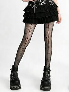 1双女士哥特式十字图案渔网袜，高弹黑色网眼连裤袜，朋克风格，适合街头服饰和派对穿着 - 彩色 - 查看 10