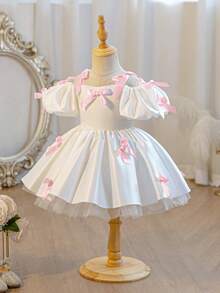 Baby Girls' Spaghetti Strap Bow Ruffle Sleeve Princess Dress, Suitable For Birthday Party, Flower Girl, Wedding, Prom, Holiday Celebration - White - View 3