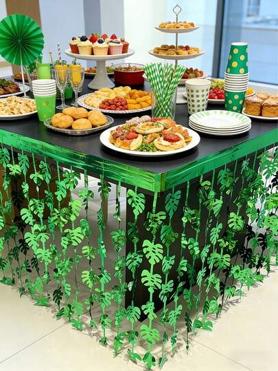 1pc 75cm X 275cm Green Mango Leaf PET Table Skirt, Green Raindrop Tablecloth, Palm Leaf Wreath, Multipurpose Party Decor - Tropical Rectangle Tablecloth Suitable For Hawaiian BBQ, Beach Party, Summer Gathering, Birthday And Holiday Events - Mechanically Manufactured Durable Decorative Cover With Smooth Glossy Surface