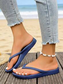 Unisex Flip Flops With Arch Support, Solid Color Beach/Home Slippers, Suitable For Spring, Summer, Autumn - Blue - View 3
