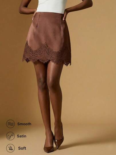 Elegant Solid Color Lace Patchwork Zipper Skirt, Suitable For Stage, Concert, Evening Date