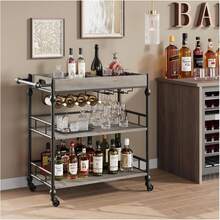 Carrito de barra de metal de 3 niveles - estante de vino, soporte de vidrio, bandeja extraíble - carro móvil de servicio de metal para cocina, comedor, sala de estar, bar de casa - Gris - Ver 6