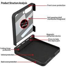 VIETAO 商務內置筆手機殼，適用於 Galaxy Z Flip 8 7 6 Flip6，人造皮革全包覆式保護殼，附隱私鋼化玻璃螢幕保護貼 - 黑色 - 查看 6