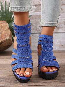 Women's Hollow Out Chunky Heel Roman Sandals, Open Toe High-Top Waterproof Platform Fashion Sandals - Blue - View 2