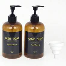 2个500毫升/16.9盎司PET材质液体皂液器和洗洁精瓶套装，带泵头、漏斗和防水标签，可选配竹制托盘，台面按压式液体皂液器，适用于厨房和浴室盥洗台，黑色/白色/卡其色可重复灌装瓶，浴室配件 - 多色 - 查看 18