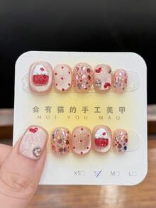 10片/套 贴片美甲，蜜桃粉色雪花顶，情人节，心形，可捏，闪亮，玻璃珠，猫眼石，可爱手工美甲 - 彩色 - 查看 1