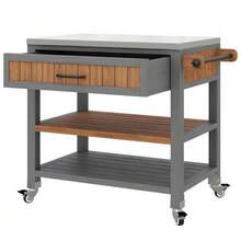 Garden Cabinet With Wheels And Stainless Steel Worktop – Mobile Tool Cabinet With Drawer And Shelf, Weatherproof Sideboard With Double Shelf And Towel Rack, Barbecue Station - Natural - View 9