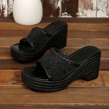 女士时尚镂空网面厚底凉鞋 - 夏季休闲高跟一脚蹬凉鞋 - 黑色 - 查看 6