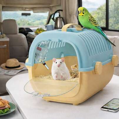 Portable Small Pet Carrier - A Travel Case For Hamsters, Complete With Carrying Handle And Water Bottle; Breathable And Easy To Clean, Suitable For Various Small Animals Including Hamsters, Mice, Birds, And Small Reptiles - An Essential Accessory For Taking Your Pet Out.