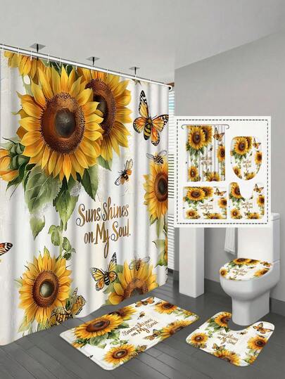 1/4 Pcs Sunflower Print Bathroom Set, Creative Shower Curtain Set Includes Curtain, Non-Slip Mat, Toilet Seat Cover, Bath Mat And 12 Plastic Hooks, Bathroom Accessories, Home Decor