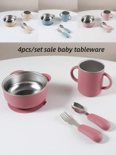 Juego de vajilla para bebé con forro interior de acero inoxidable y succión de silicona, Tazón de oso de 400ml, Taza de 250ml, Tenedor y Cuchara