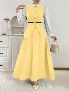 Bộ đồ nữ màu trơn gồm áo vest một hàng cúc và chân váy, kiểu dáng thời trang thường ngày mùa hè. - Màu vàng - Xem 6