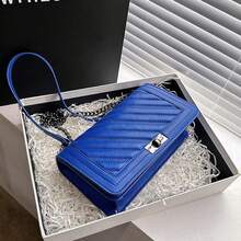 1pc Blue Twist Lock Shoulder/Crossbody Bag With Chain, Magnetic Closure, Embroidered Solid Color Handbag With Fish Bone Embroidery Pattern, Suitable For Work And Dates - Blue - View 4